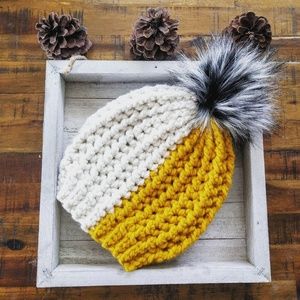Mustard and cream cozy winter hat with pompom